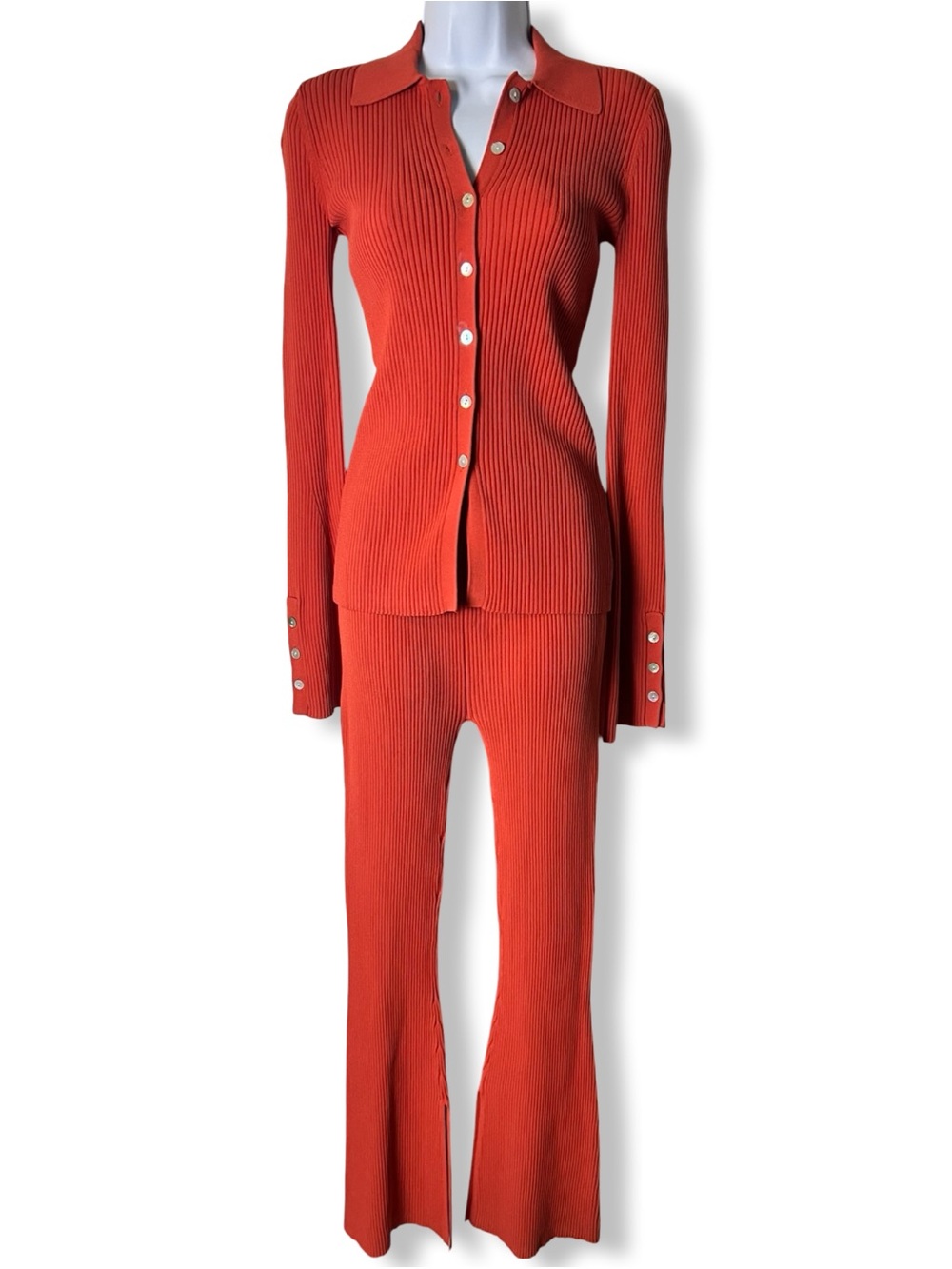Le Ore Rimini Ribbed Knit Two-Piece Set Spice Orange Top Flare Pants Yoga Sz XS